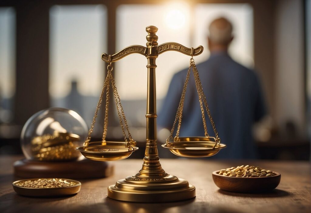 A person weighing options, with a scale showing gold on one side and retirement on the other. They are contemplating and researching before making a decision