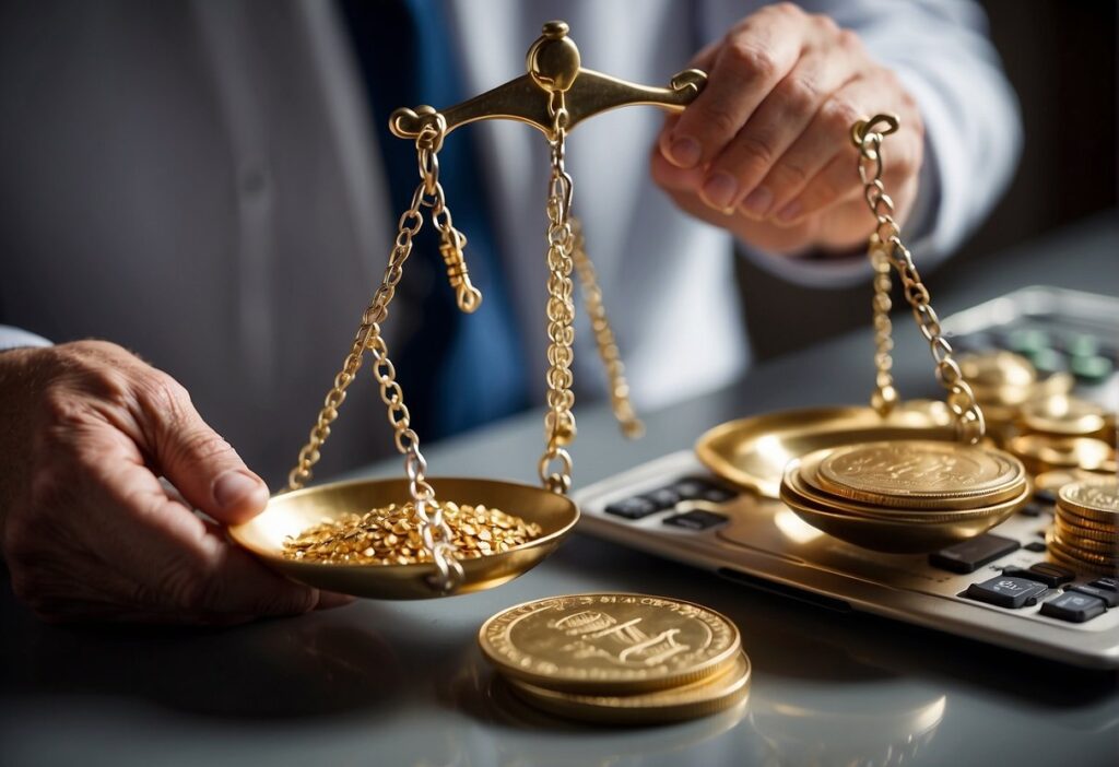 A person weighing the pros and cons of buying gold in retirement, with a scale representing risks on one side and challenges on the other