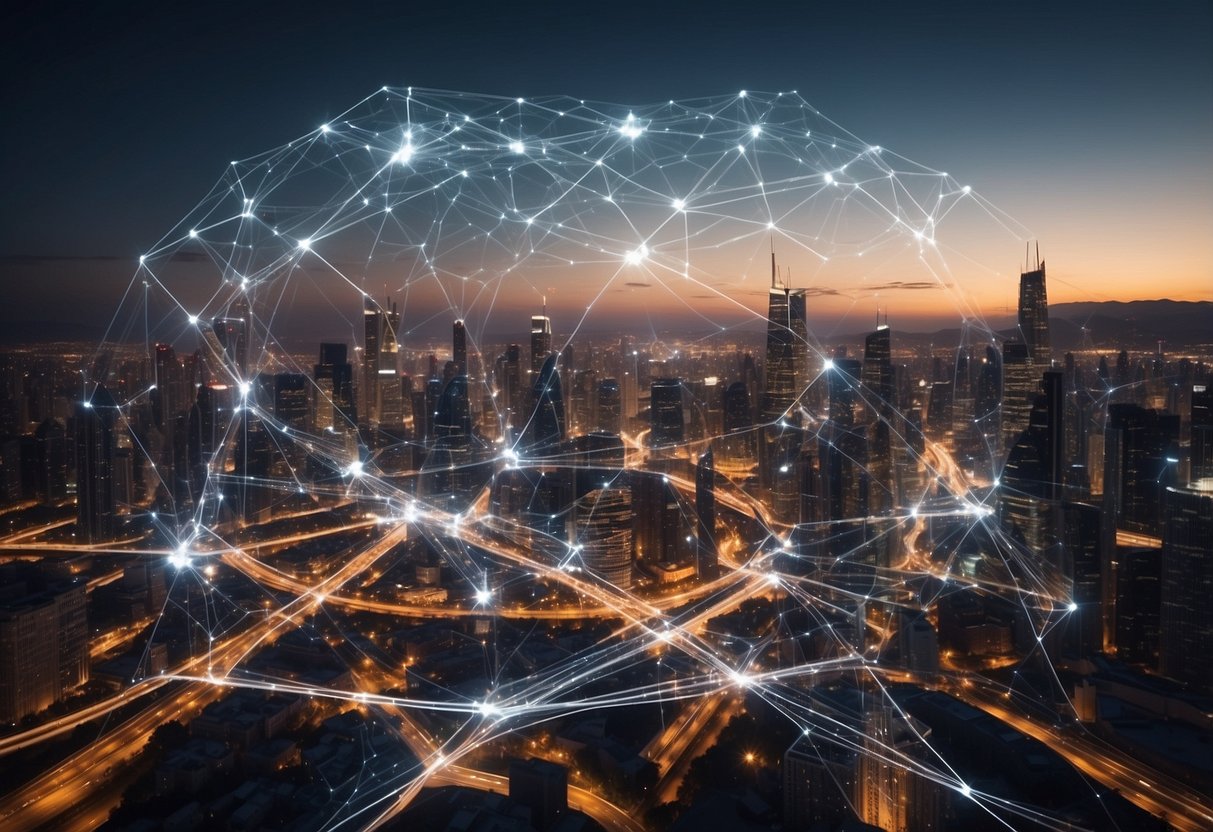 A bustling city skyline with interconnected networks and data streams, symbolizing global impact and future directions. The mBridge logo prominently displayed in the center