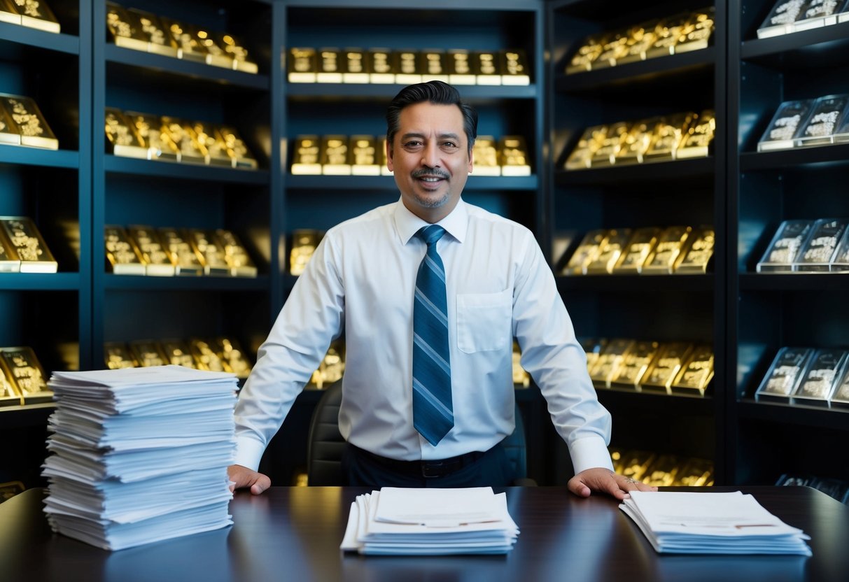 A business owner stands in a dimly lit room, surrounded by shelves of gleaming gold and silver bars. A stack of invoices sits on the desk, ready for end-of-year distribution