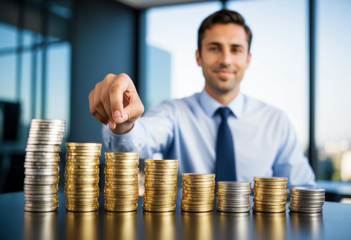 A business owner stands in front of a table stacked with gold and silver bars, preparing for end-of-year distribution