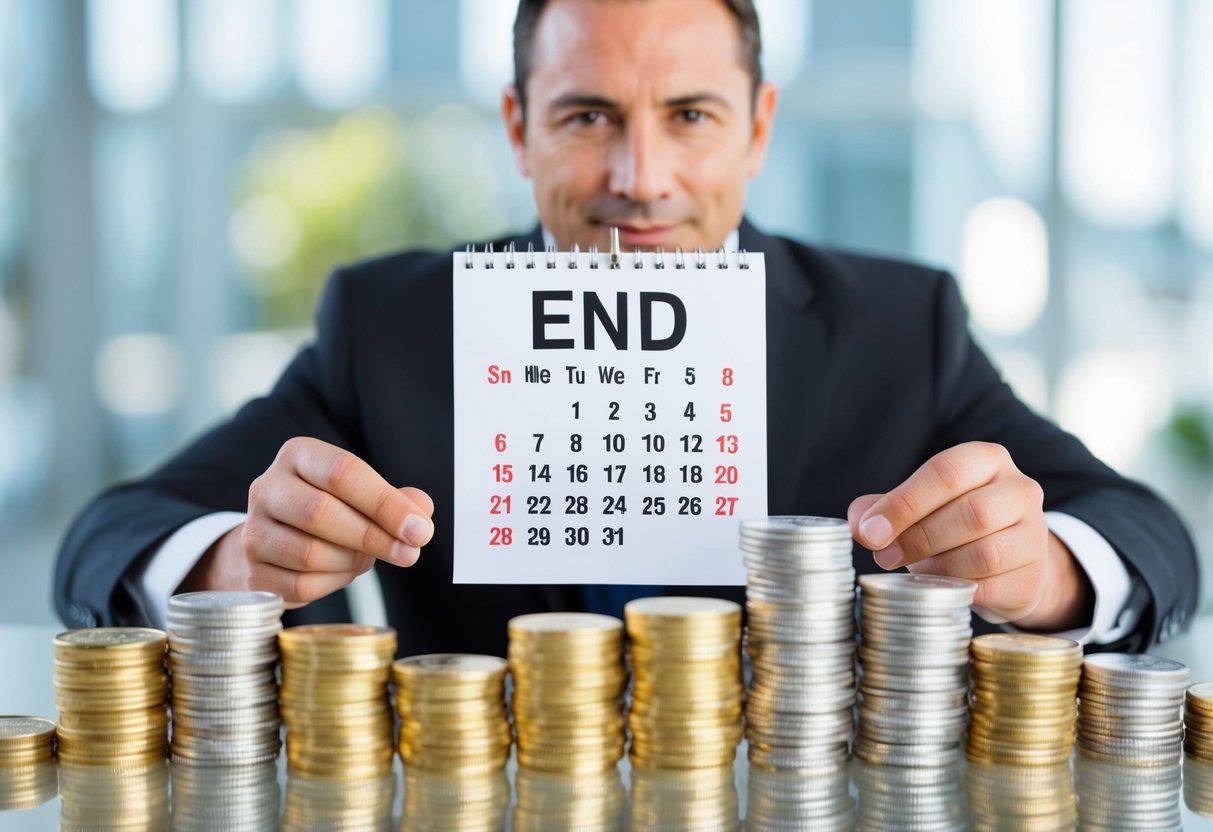 A business owner surrounded by stacks of gold and silver coins, with a calendar showing the end of the year