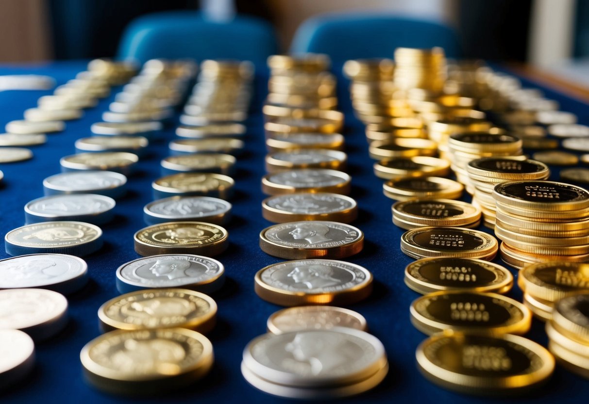A table displaying various coins, bars, and rounds of precious metals, with each type clearly labeled and arranged in a neat and organized manner for comparison