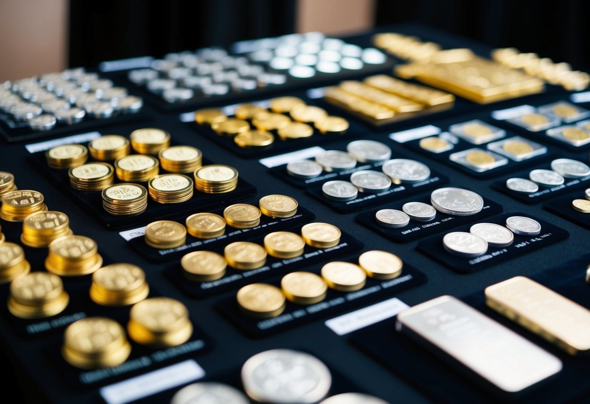 A table displaying various gold, silver, and platinum coins, bars, and rounds. Each item is labeled with its weight, purity, and value