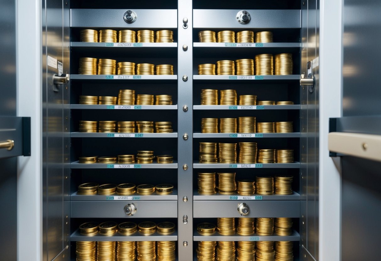 A secure vault with shelves of gold coins, bars, and rounds. Each type is neatly organized and labeled, with security measures in place