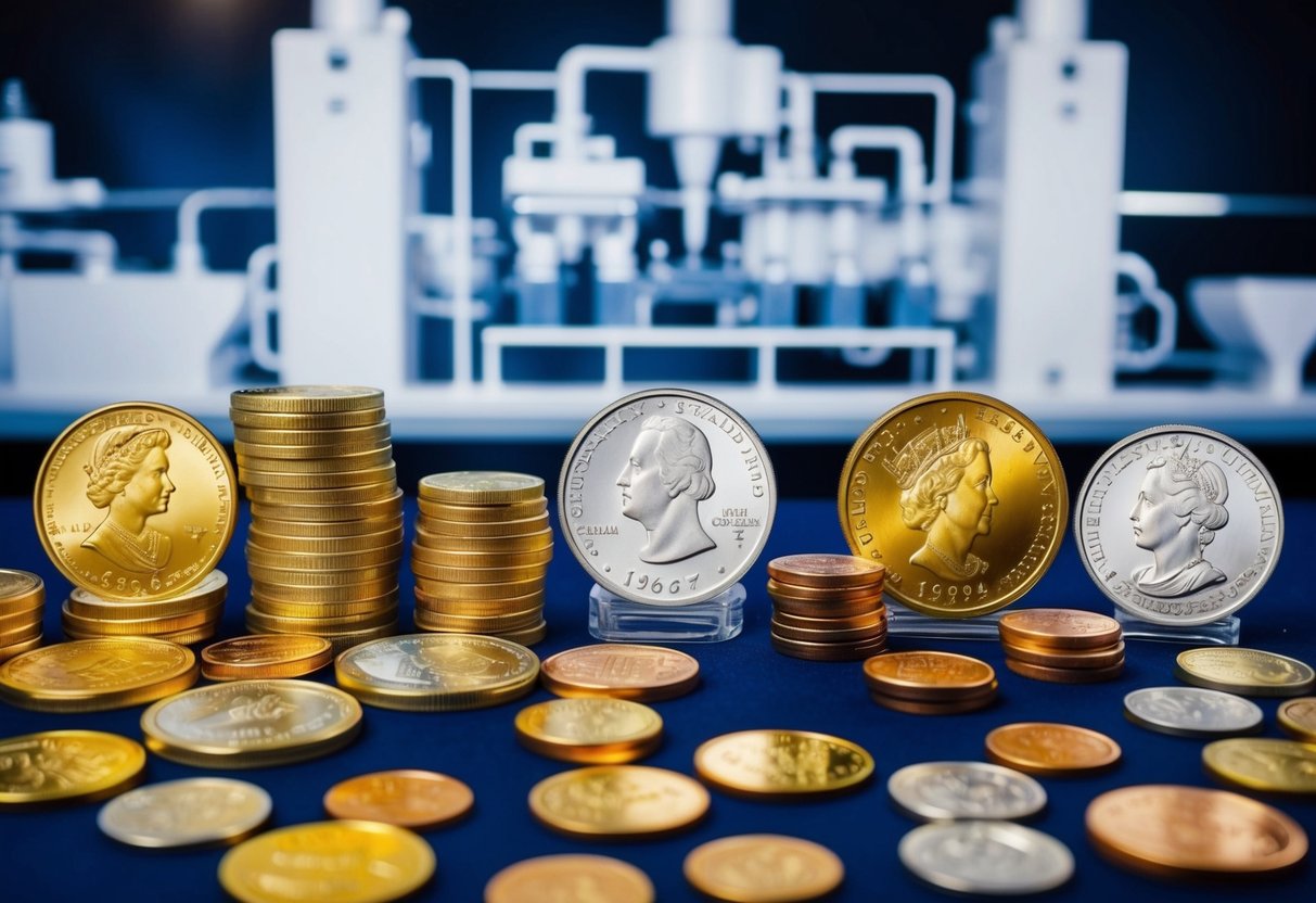 A variety of coins, bars, and rounds are displayed on a table, each showcasing different designs and sizes. The minting process is depicted in the background
