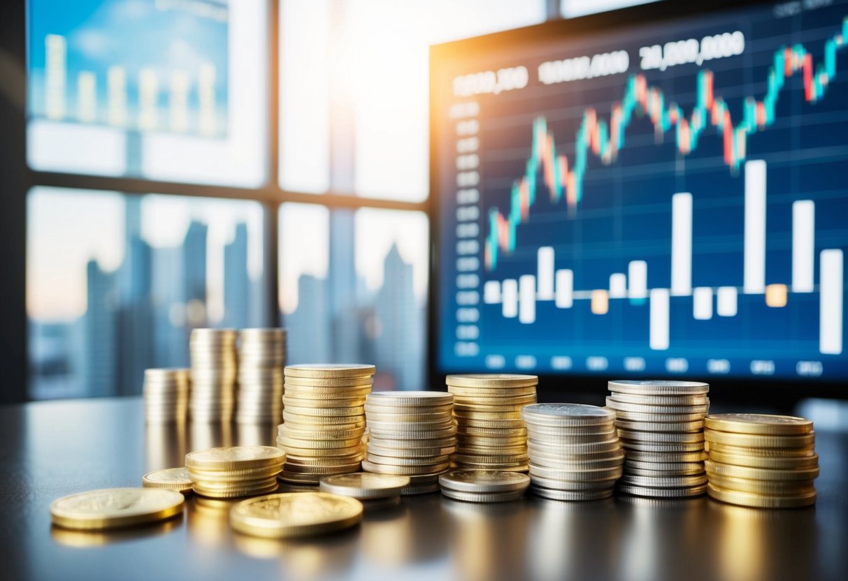 A table with coins, bars, and rounds of precious metals displayed next to charts and graphs showing market conditions and pricing trends