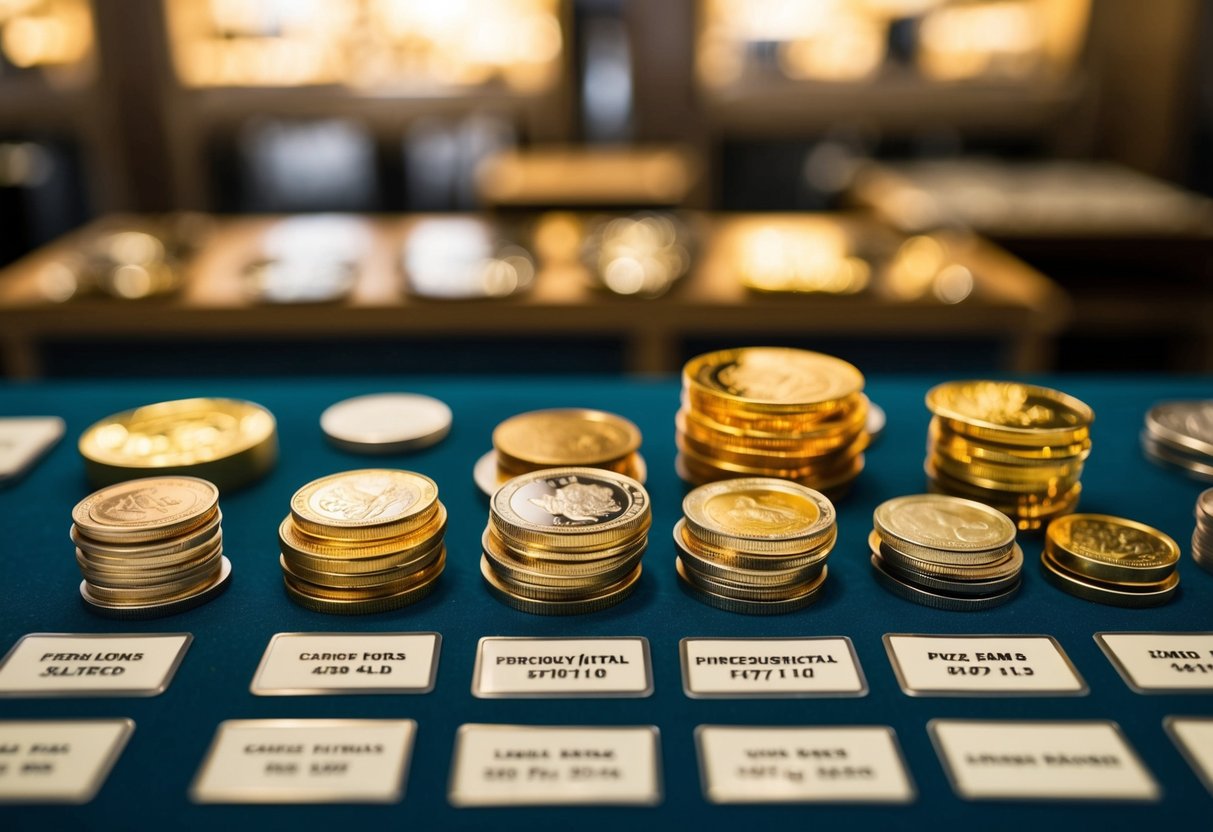 A table displaying various coins, bars, and rounds made of precious metals, with labels indicating their differences in size, weight, and design