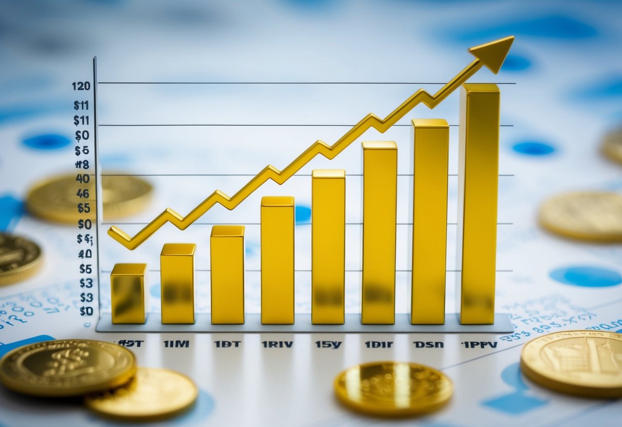 A graph showing the steady rise of gold prices, with arrows pointing upwards and various economic indicators surrounding it