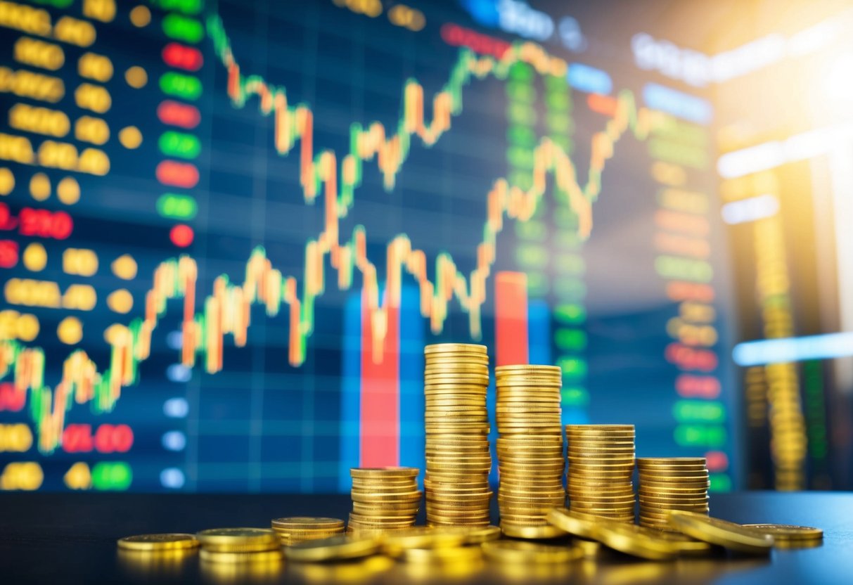 A bustling stock market with gold bars and coins soaring upward, surrounded by fluctuating graphs and charts