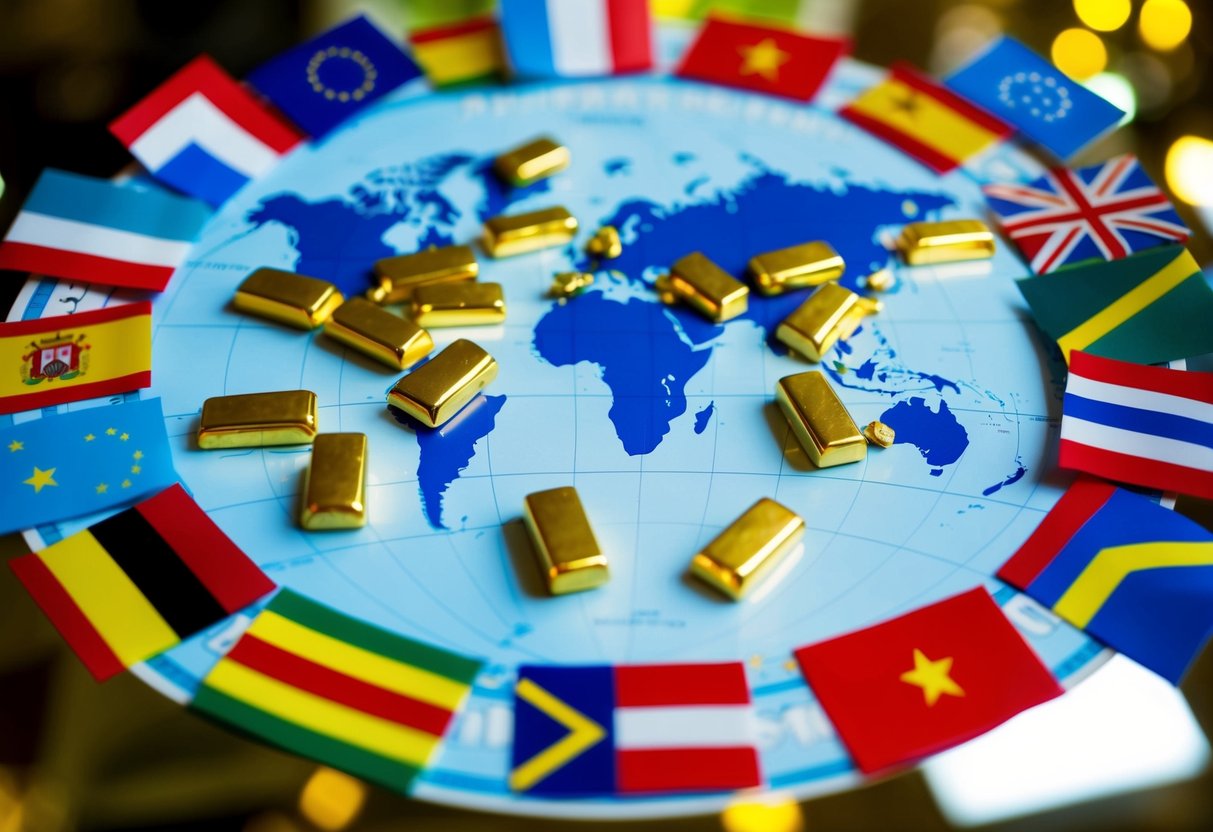 A world map with gold bars scattered across it, surrounded by flags representing different countries