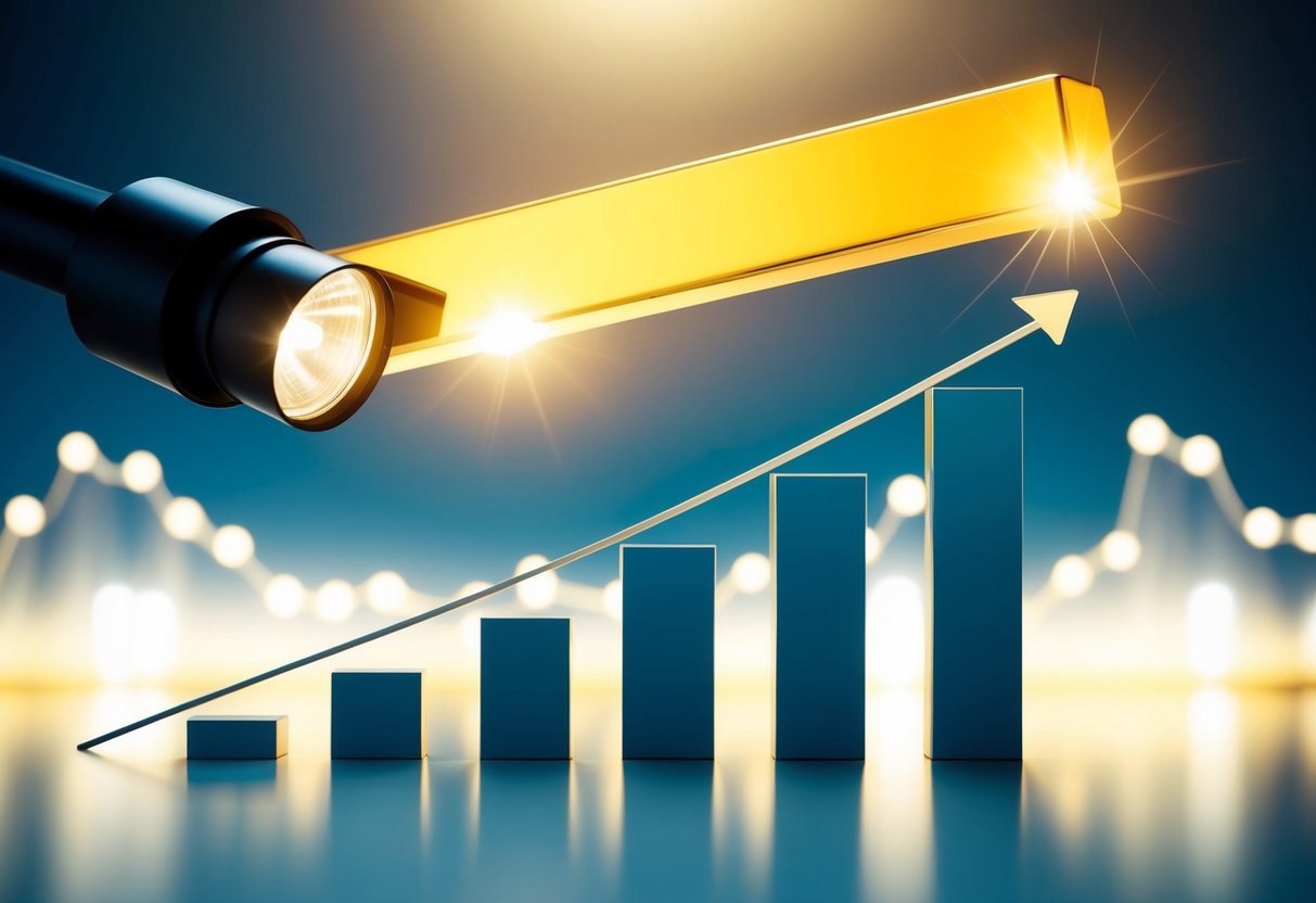 A glowing golden bar rises above a graph showing a steady upward trend. A spotlight illuminates the bar, emphasizing its value and allure