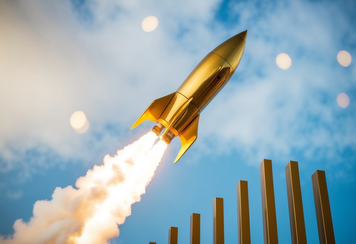 A golden rocket soaring past a series of ascending bars, reaching new heights