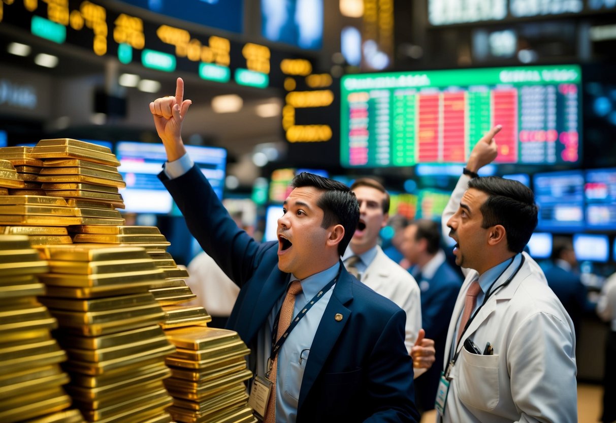 A bustling trading floor with gold bars stacked high, traders eagerly gesturing and shouting, and a large digital board displaying fluctuating metal prices