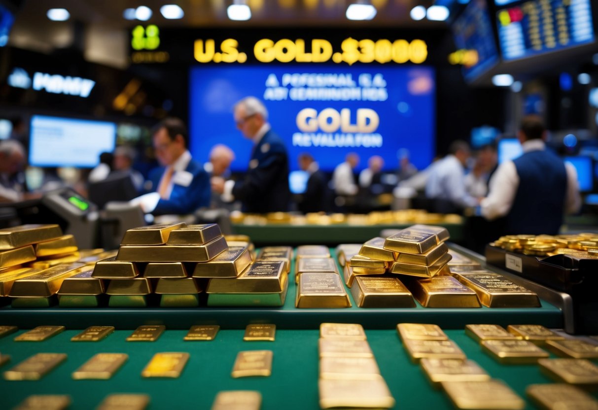 A bustling trading floor with gold bars and metal commodities being bought and sold, while a news headline about a potential U.S. gold revaluation flashes on a large screen