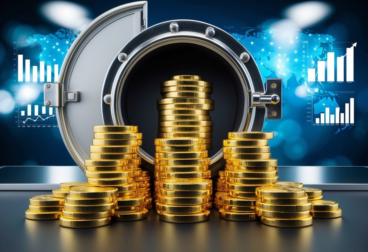 A vault door opening to reveal stacks of gleaming gold bars, surrounded by charts and graphs indicating a global economic shift