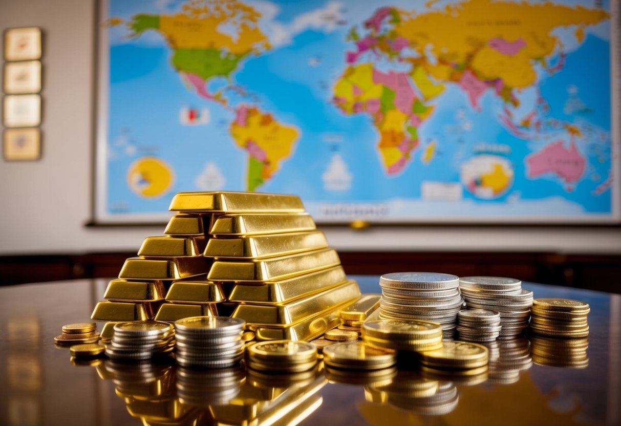 A stack of gold bars sits on a polished wooden table, surrounded by gleaming silver and other precious metals. A map of the world hangs on the wall behind, with various countries highlighted