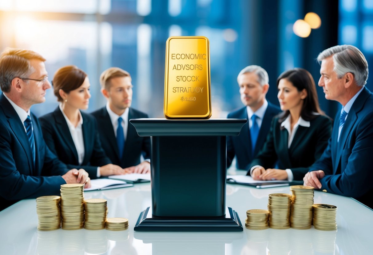 A podium with a large gold bar on display, surrounded by a group of economic advisors discussing strategies