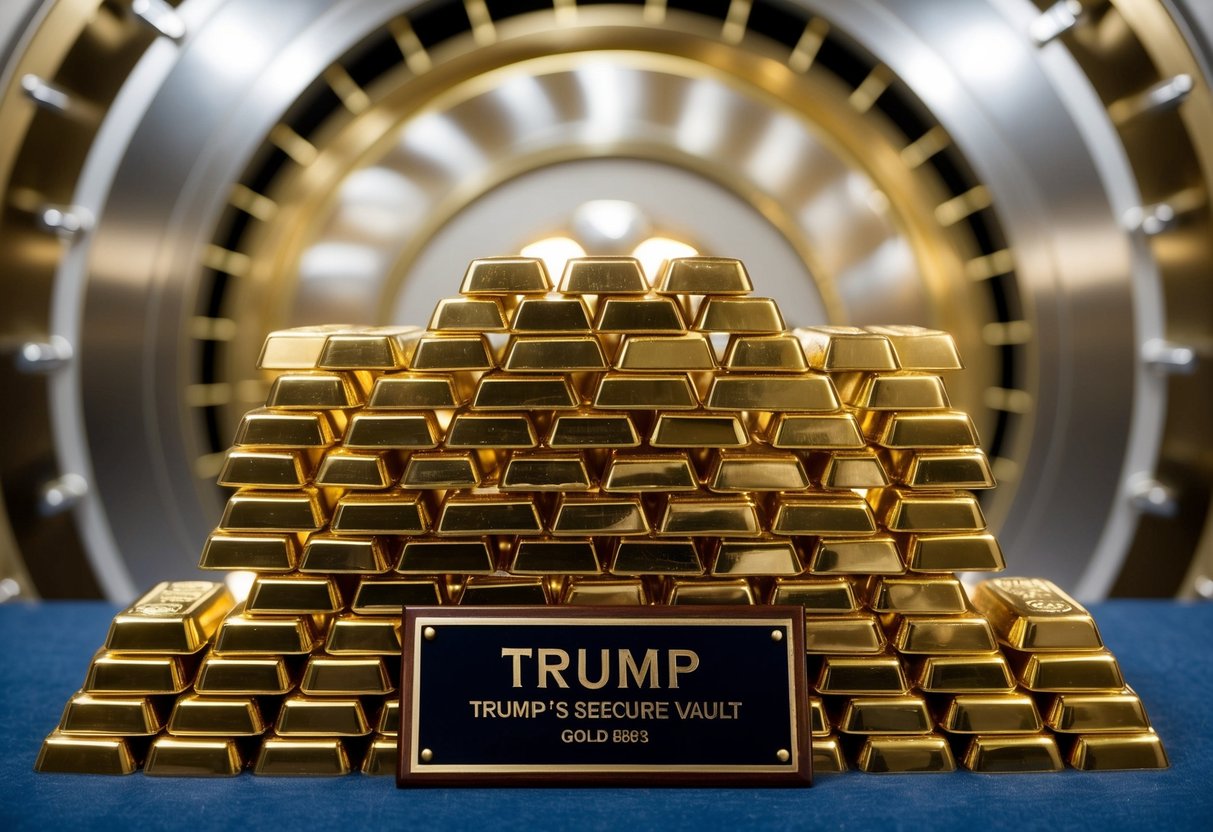 A grand scale of gold bars stacked in a secure vault, with Trump's name etched on a plaque