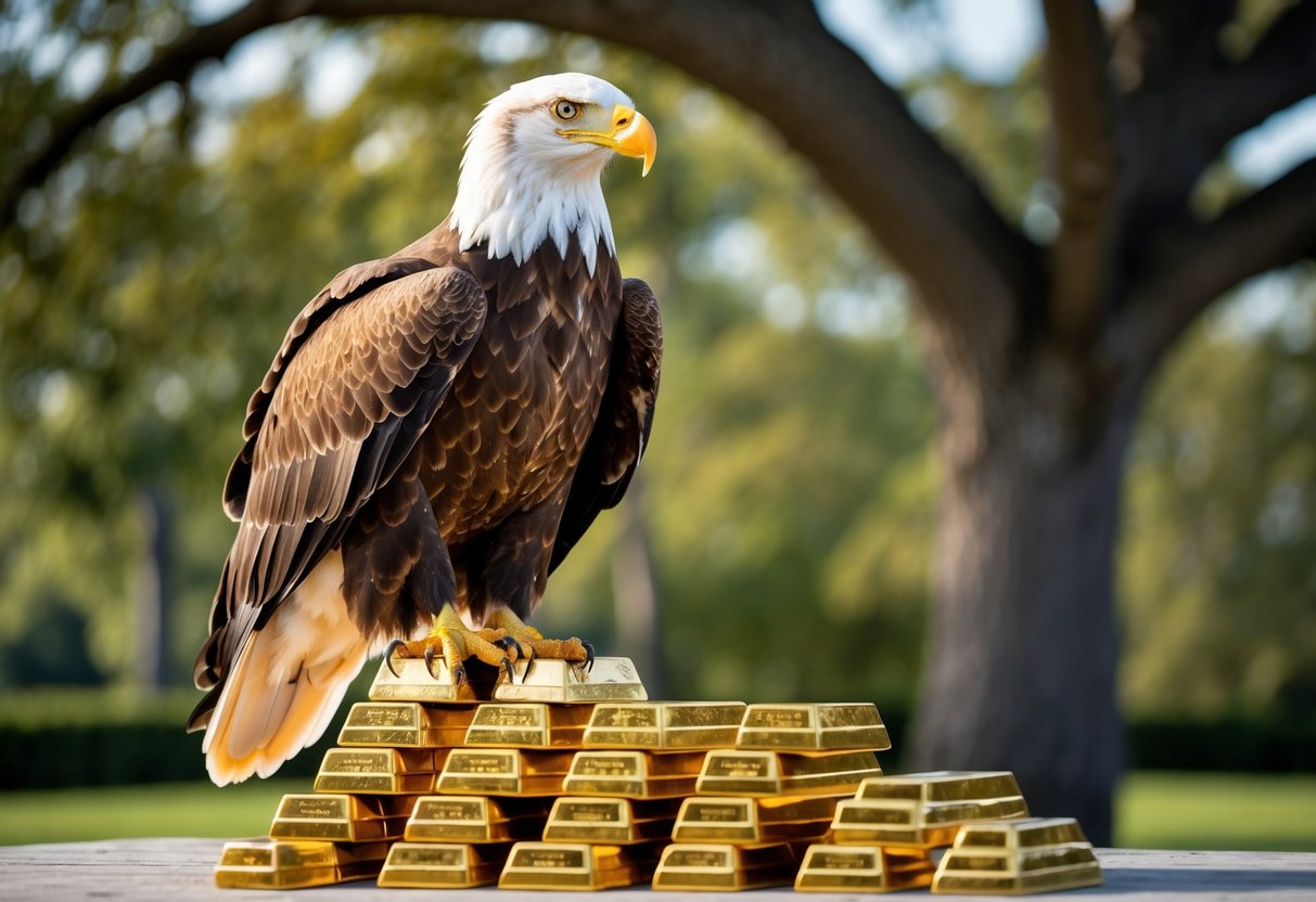 A regal golden eagle perched on a stack of gleaming gold bars, with a strong and stable oak tree in the background