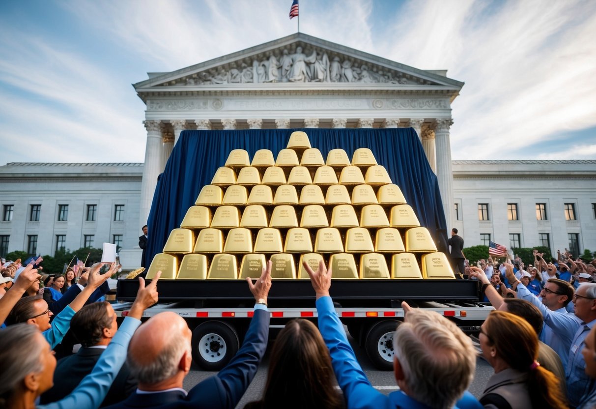 A grand scale of gold bars being transported to the Federal Reserve, surrounded by cheering supporters and concerned citizens