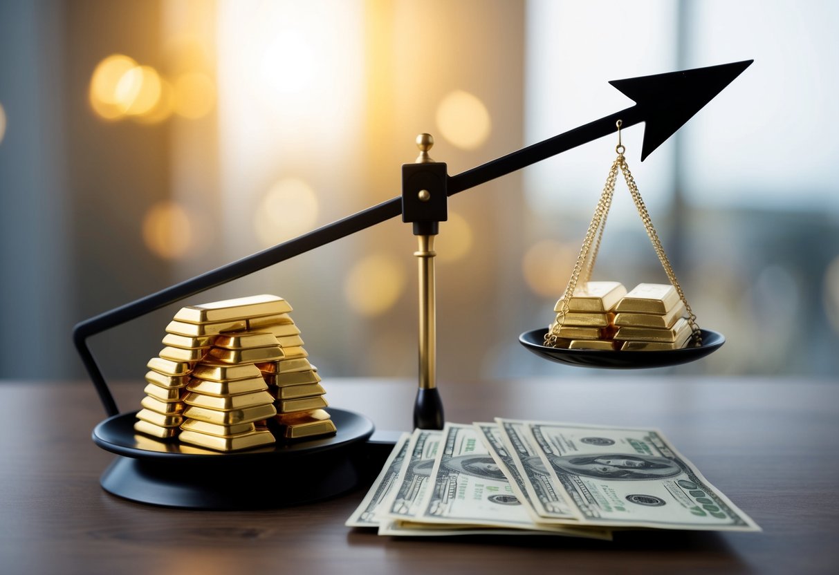 A scale balancing a stack of gold bars against a pile of dollar bills, with a prominent arrow pointing towards the gold side. gold standrd.