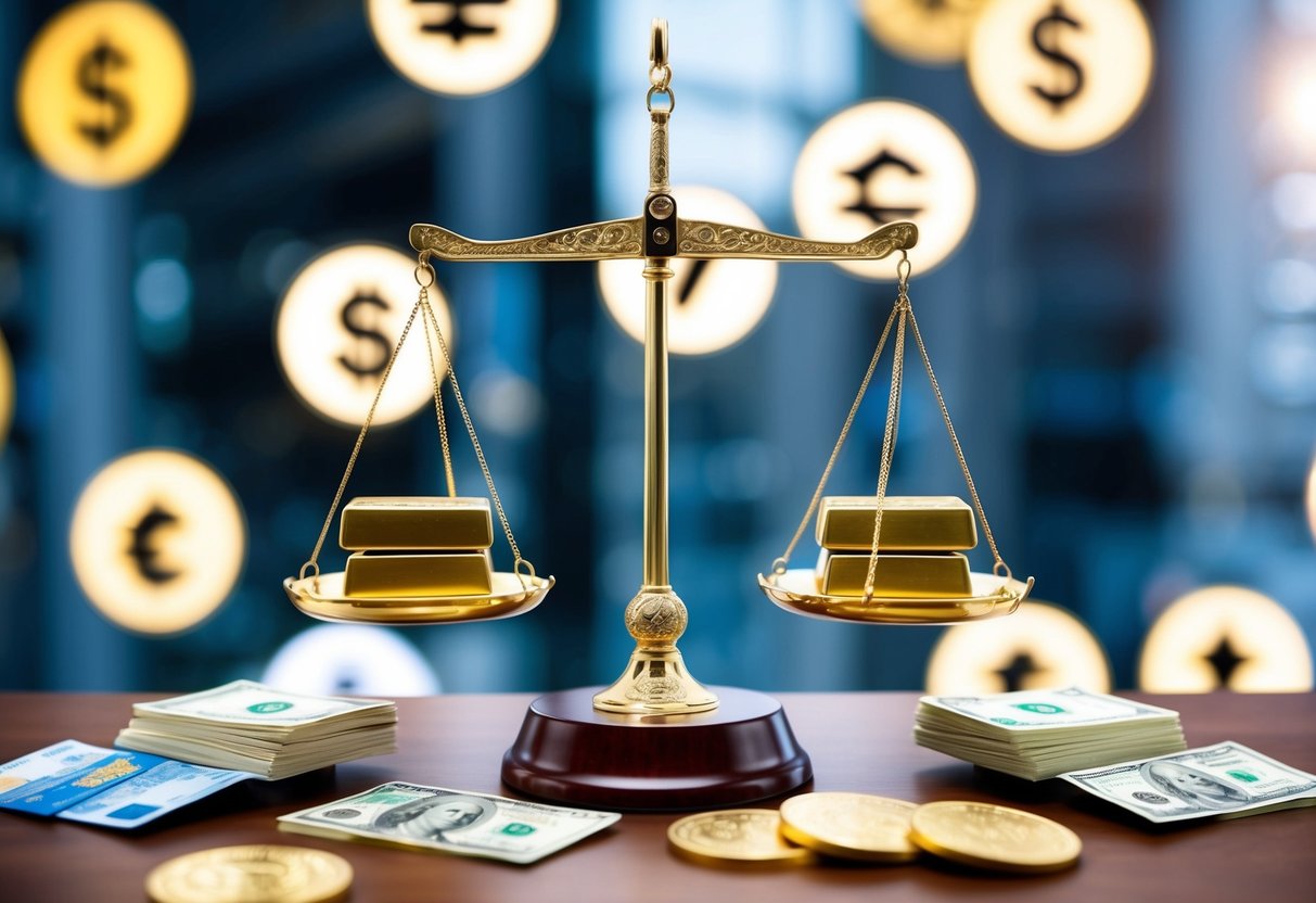 A grand scale of balance with gold bars at the center, surrounded by various global economic symbols and currencies