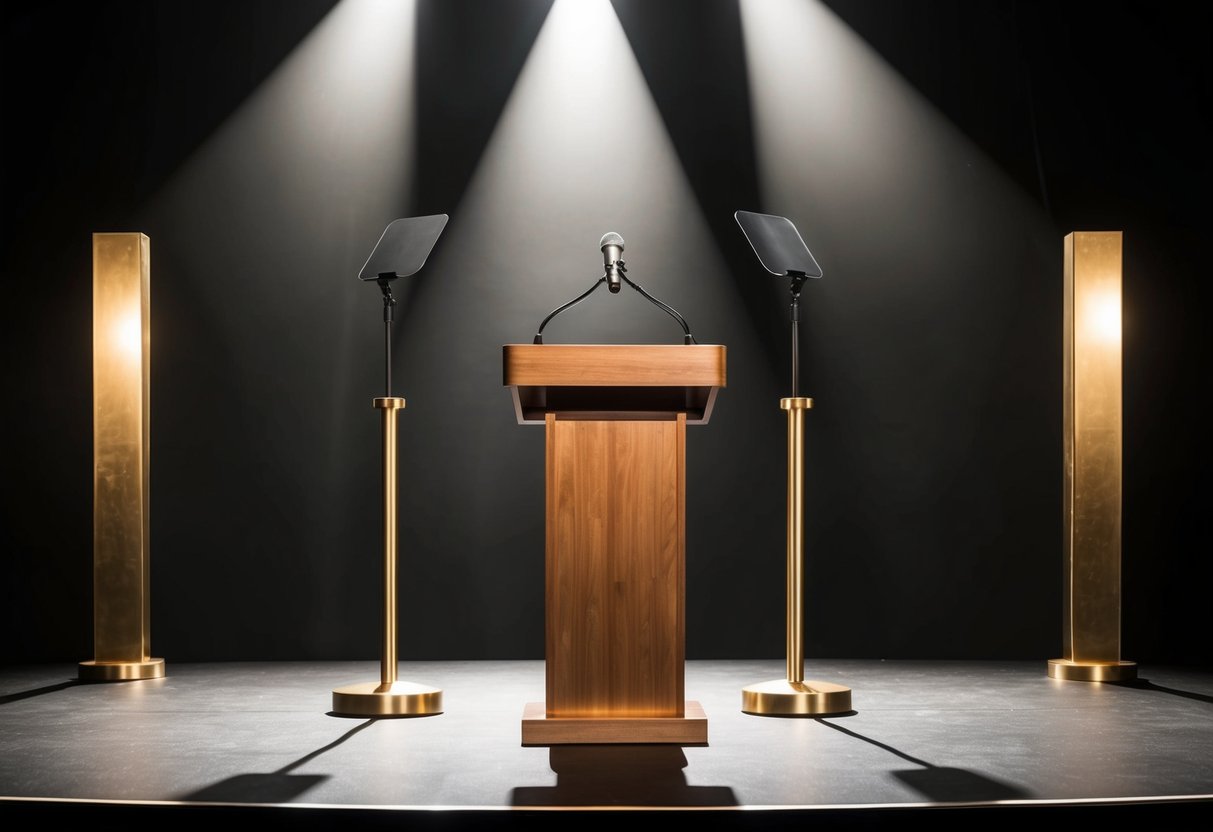 A podium with a microphone stands on a stage, flanked by two large gold bars. A spotlight illuminates the scene, casting a dramatic shadow
