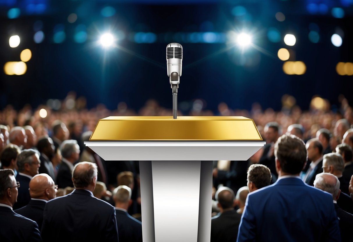 A podium with a microphone surrounded by a crowd, with a large gold bar prominently displayed on the stage